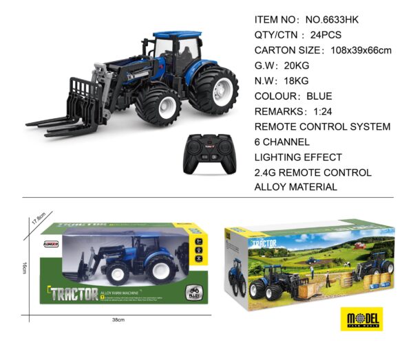 Plavi daljinski upravljivi traktor s prikolicom