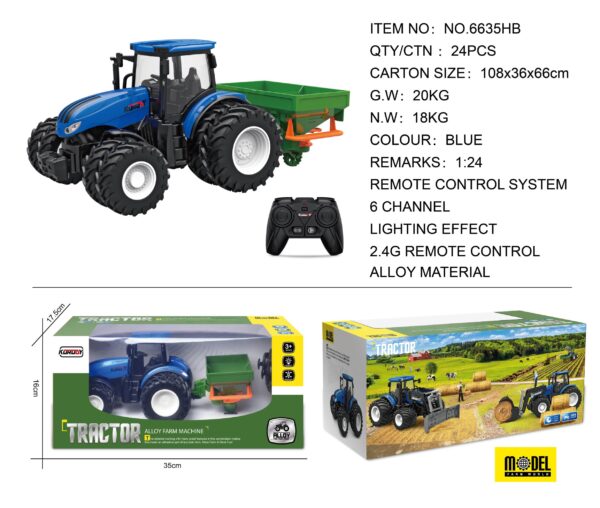 Plavi daljinski upravljani traktor s sijačem.