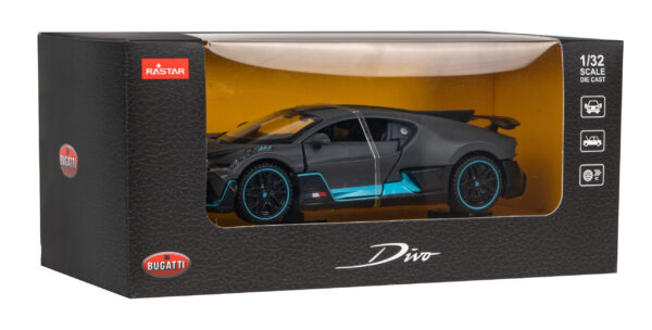 Bugatti Divo RASTAR model u mjerilu 1:32 s metalnom karoserijom i otvarajućim se vratima i poklopcem motora.