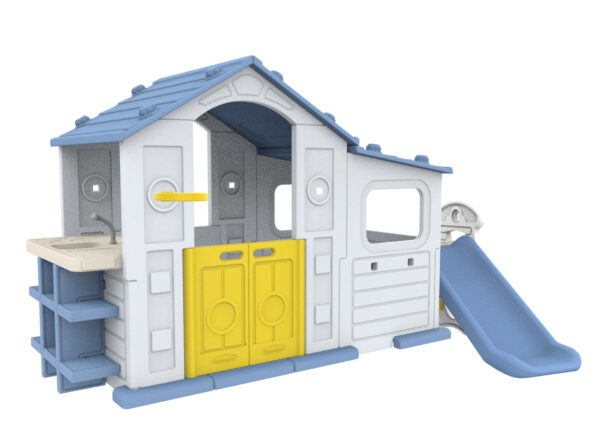 Velika kućica s hodnikom, toboganom i sudoperom, plavi krov