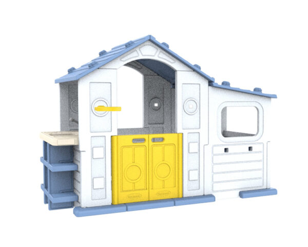 Velika kuća s hodnikom, košarkaškim obručem i plavim krovom s umivaonikom