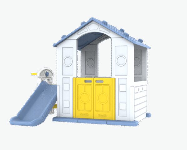 Naslovnica 60 3u1 kućica za vrt za djecu plavi krov + tobogan + košarka