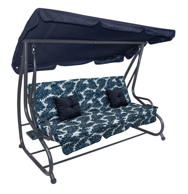 Vrtna klupa za ljuljanje, textilene 2x1, uzorak lišća, tamnoplava
