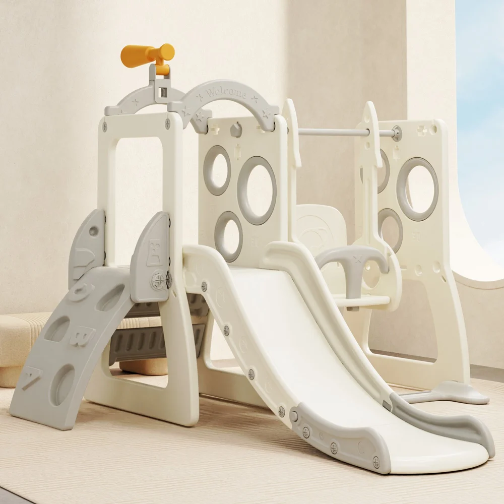 Kinderplay Explorer set za igru 4 u 1 za djecu od 1 do 5 godina, uključuje tobogan, ljuljačku, zid za penjanje i promatračnicu, bijele boje 1 Kinderplay Explorer set za igru 4 u 1 za djecu od 1 do 5 godina, uključuje tobogan, ljuljačku, zid za penjanje i promatračnicu, bijele boje