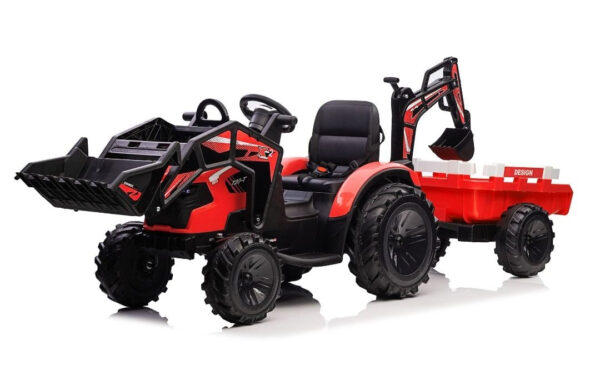 Dječji traktor s prikolicom 720-T, 90W, kanta i punjač, ​​12V, premium, crveni